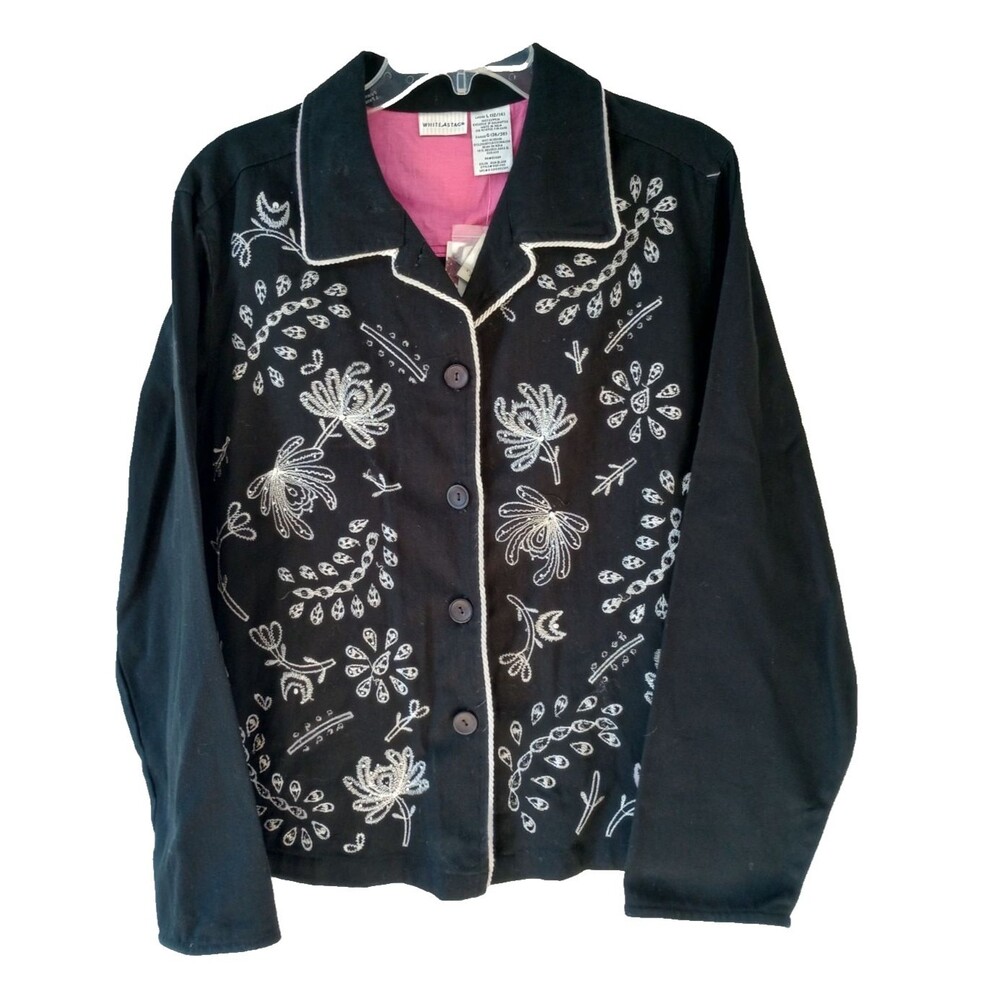 Vintage White Stag Jacket Black White Embroidered Floral Button Up Womens Large